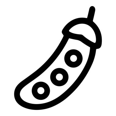 Bir bezelye kabuğunun minimalist siyah beyaz çizgisi. Bu ikon, taze sebzeleri ve sağlıklı beslenmeyi temsil eden üç küçük, yuvarlak bezelyeyi içeren kavisli bir kabuğa sahiptir..