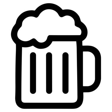 Klasik bir bira bardağı ya da kupanın minimalist siyah beyaz çizimi. Bardak birayla dolu ve üzerinde bol miktarda kalın köpük var. Sağ tarafta bir kol görünüyor..