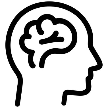 Bir minimalist çizgi sanat ikonu profilde insan kafasını ve beyni görünür halde gösteriyor. Bu grafik düşünce, psikoloji, zeka ve akıl sağlığı gibi kavramları temsil ediyor..