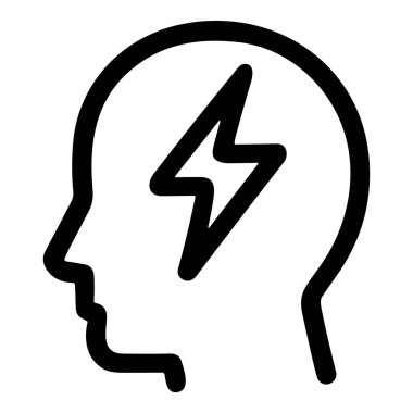 Beyin fırtınası, yaratıcılık, ilham, zihinsel enerji ya da baş ağrısı gibi kavramları sembolize eden içinde yıldırım bulunan bir insan kafa profilinin basit siyah beyaz çizgisi simgesi..