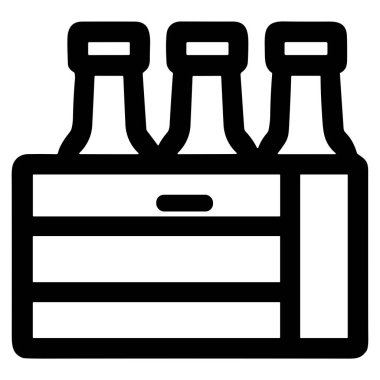 Minimalist bir vektör grafiği, beyaz arka planda izole edilmiş, ahşap ya da karton bir taşıyıcıda düzgünce düzenlenmiş muhtemelen bira ya da soda olmak üzere üç içecek şişesini gösteriyor..