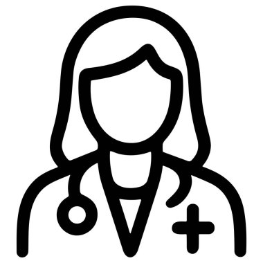 Kadın bir doktor ya da hemşirenin minimalist siyah beyaz çizgi ikonu. Grafikte steteskop ve sağlık hizmetleri ve tıbbı temsil eden sağlık haçı olan bir kadın yer alıyor..