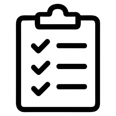 Bir panonun minimalist vektör simgesi bir kağıt parçasını listeyle birlikte tutuyor. Tamamlanmış görevleri veya başarılı bir anketi sembolize eden kontrol işaretleri ile birlikte üç öge işaretlenir.