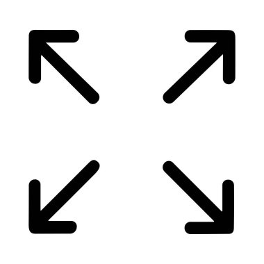 Köşelere dışa bakan dört oklu basit bir siyah çizgi simgesi, bir kullanıcı arayüzünde tam ekran kipini genişletmek, büyütmek veya girmek için eylemi temsil eder.