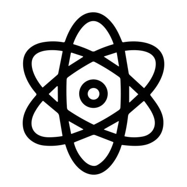 Çekirdeği ve yörüngesindeki elektronları olan bir atom yapısının minimalist siyah ve beyaz vektör çizimi. Bilim, kimya ve nükleer enerji için klasik bir sembol..