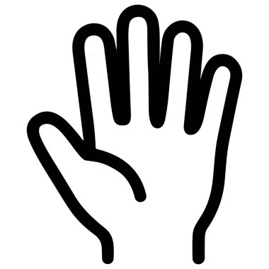 Açık bir insan elini tasvir eden minimalist siyah beyaz çizgili bir sanat simgesi. Bu basit vektör grafiği bir dalga, bir dur sinyali, bir beşlik çakma veya beş rakamı temsil edebilir..