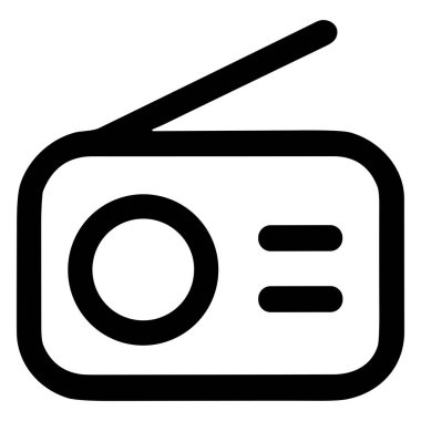 Klasik bir radyonun minimalist siyah ana hatlı ikonu. Bu grafik yayıncılığı, müziği, haberleri ve iletişim teknolojisini temsil ediyor. Web veya mobil için temiz ve basit vektör tasarımı.