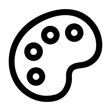 A minimalist black and white icon depicting a classic artists paint palette. The simple line drawing shows the palette with four circles for colors, isolated on a white background.
