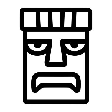 Geleneksel bir Polinezya tiki maskesinin basit bir siyah beyaz çizgi simgesi. Totem, kültürel ya da manevi bir sembolü temsil eden, tıkanık, geometrik detaylarla dolu sert ve kızgın bir ifadeye sahiptir..