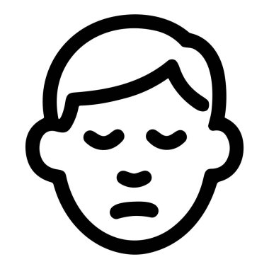 Bir insan kafasının basit siyah bir çizgisi. Gözler kapalı ve ağız düz bir çizgidir. Üzüntü, yorgunluk ya da hayal kırıklığını gösterir. Beyaz bir arkaplanda izole edilmiş.