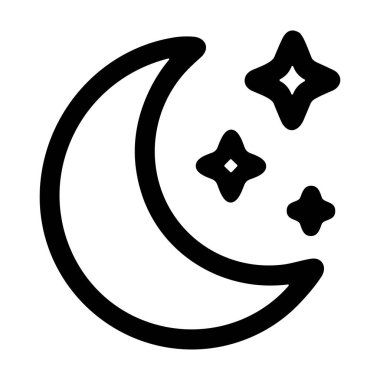 Üç parıldayan yıldızla birlikte hilal şeklindeki bir ayı gösteren basit bir siyah beyaz çizgi ikonu. Bu minimalist grafik gece gökyüzünü, uykuyu ve rüyaları temsil ediyor..
