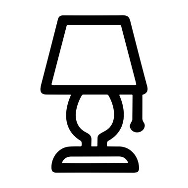 Klasik bir masa lambasının minimalist vektör grafiği. Bu basit siyah dış hat simgesi, beyaz arka planda izole edilmiş bir abajur, taban ve çekme zinciri içerir..
