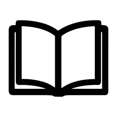 Açık bir kitabın minimalist siyah beyaz çizgili sanat simgesi. Bu basit grafik, beyaz bir arkaplanda izole edilmiş okuma, edebiyat, bilgi, eğitim ve çalışmayı temsil eder..