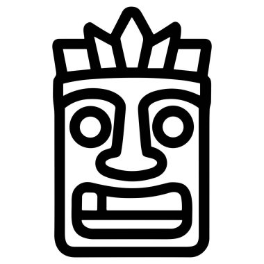 Geleneksel bir Polinezya Tiki maskesinin basit bir siyah beyaz çizgi simgesi. Bu vektör grafiği bir kabile totemi ya da Hawaii tanrı yüzü tasvir eder. Kültürel ya da tropikal temalar için mükemmeldir..