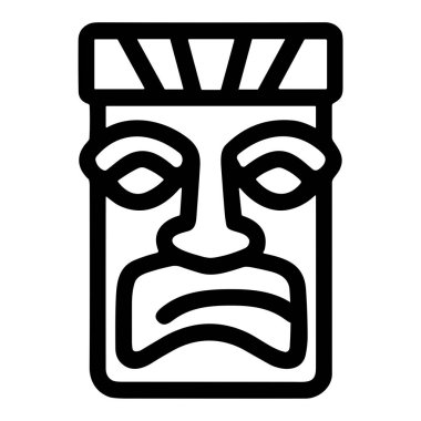 Geleneksel bir Polinezya ya da Hawaii Tiki maskesinin basit bir siyah beyaz çizgi ikonu. Vektör grafiği, beyaz bir arkaplanda izole edilmiş vahşi bir ifadeye sahip stilize edilmiş bir yüzü içerir..