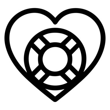 Minimalist grafik sembolü kalp ve can simidini birleştiriyor. Şefkat, güvenlik, kurtuluş ve duygusal destek temalarını betimler..