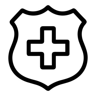 Merkezinde tıbbi artı sembolü olan bir kalkanın olduğu minimalist siyah çizgi ikonu. Sağlık sigortası, güvenlik, tıbbi bakım ve korumayı temsil ediyor. Beyaz bir arkaplanda izole edilmiş.