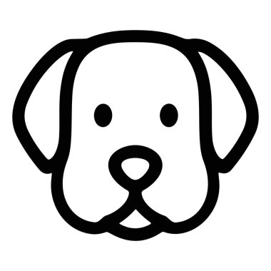 Şirin bir köpek suratının minimalist vektör çizimi. Bu koyu siyah çizgili ikon, sarkık kulaklı, yuvarlak gözlü ve beyaz arka planda izole edilmiş basit bir burun ve ağıza sahip bir köpek kafası içerir..