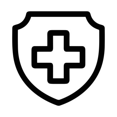 Merkezinde tıbbi artı sembolü olan bir kalkanın minimalist çizgi simgesi. Bu grafik sağlık, güvenlik, sigorta ve korumayı temsil ediyor. İzole vektör illüstrasyonu.