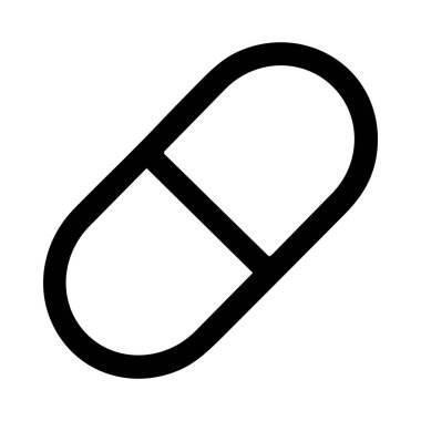 Tıbbi hap ya da kapsülün temiz ve basit bir vektör çizimi. Bu minimalist simge düz beyaz arkaplan üzerinde siyah bir anahat içerir, web tasarımı için mükemmeldir.