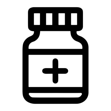 İlaç kutusu ya da ilaç kavanozunun minimalist vektör çizimi. Simgede, üzerinde sağlık, eczane ve tıbbi tedaviyi temsil eden artı işareti bulunan basit bir taslak yer alıyor..