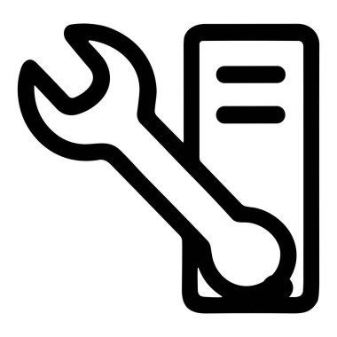 Sunucu bakımını, sistem yapılandırmasını veya IT desteğini temsil eden basit bir siyah çizgi simgesi. Grafik, beyaz arkaplanda izole edilmiş bir bilgisayar sunucusunun yanında bir ingiliz anahtarı aracı gösteriyor.