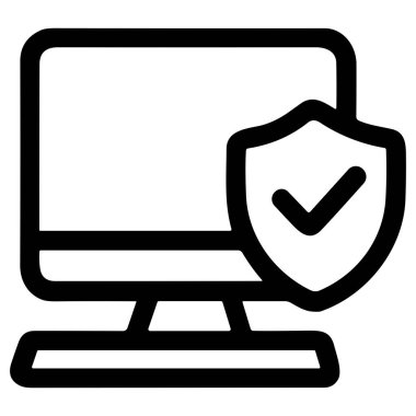 Beyaz arka planda dijital güvenliği, antivirüs korumasını ve sistem güvenliğini sembolize eden bir masaüstü bilgisayarının basit bir siyah çizgi simgesi.