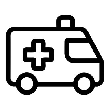 Acil tıbbi hizmetleri, sağlık hizmetlerini ve ilk yardımı temsil eden bir ambulansın minimalist siyah taslak ikonu. Basit vektör grafiği beyaz bir arkaplanda izole edilir.