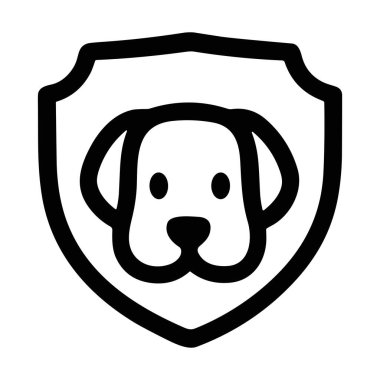 Kalkanın içindeki bir köpeğin basit bir siyah çizgi simgesi. Bu sembol hayvan güvenliğini, hayvan sigortasını, veteriner bakımını ve köpek koruma hizmetlerini temsil ediyor. Beyazda izole edilmiş.