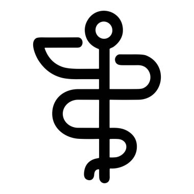 Asklepius Asası 'nın basit bir siyah çizgi sanat simgesi, asanın etrafına dolanmış tek bir yılanın şifa ve tıp sembolü. Sağlık ve eczane için minimalist vektör grafiği.