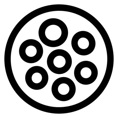 Yuvarlak çerçeveli, daha küçük yedi boş daireyi kapsayan temiz, siyah ve beyaz bir sanat çizgisi çizimi. Minimalist, soyut ve çok yönlü grafik sembolü..