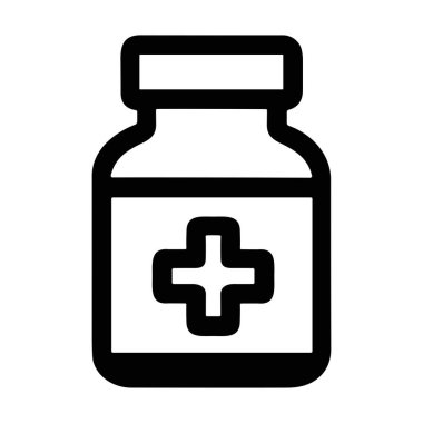İlaç ya da ilaç şişesini temsil eden temiz ve basit bir vektör ikonu. Şişede sağlık, eczane ve tedaviyi sembolize eden belirgin bir tıbbi haç sembolü bulunuyor..