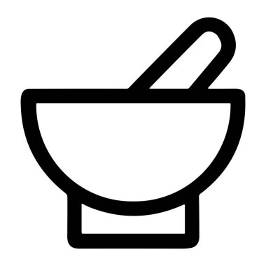 Beyaz zemin üzerinde bir havan topu ve tokmağın basit bir siyah çizgi simgesi. Eczane, eczacı, bitkisel ilaç, aşçılık ve öğütme malzemeleri sembolü.