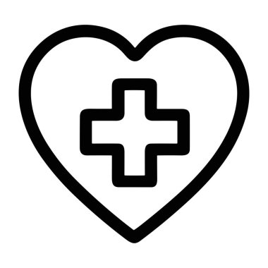 Merkezinde artı işareti veya tıbbi haç olan bir kalp sembolü olan minimalist bir çizgi sanat ikonu. Bu grafik sağlık, ilaç, hayır ve refahı temsil ediyor..