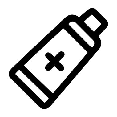 Tıbbi krem ya da merhem tüpünü temsil eden minimalist siyah beyaz çizgili bir sanat simgesi. Tüpte ilk yardım ya da sağlık hizmetlerini gösteren çapraz bir sembol var..