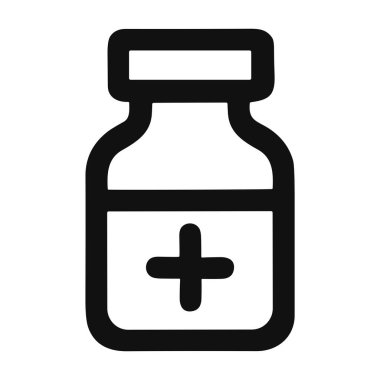 İlaç şişesinin minimalist vektör ikonu ya da artı işareti olan bir şişe. Bu grafik ilaç, eczane, sağlık ve tedaviyi temsil ediyor. Beyazda izole edilmiş.