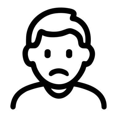 Hüzünlü bir yüz ifadesi olan basit bir siyah çizgi ikonu. Bu minimalist grafik mutsuzluk, hayal kırıklığı ya da kederi temsil ediyor. Beyaz bir arkaplanda izole edilmiş.