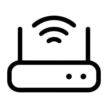 Beyaz arka planda kablosuz ağ bağlantısını ve internet erişimini sembolize eden, iki anten ve sinyal dalgalarıyla bir Wi-Fi yönlendiricisini tasvir eden bir minimalist çizgi sanat simgesi.