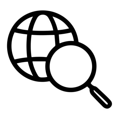Küresel bir aramayı temsil eden basit bir çizgi sanat ikonu, bir dünya küresi ve bir büyüteç içeriyor. İnternet taraması, web keşfi ve çevrimiçi araştırma için sembol.
