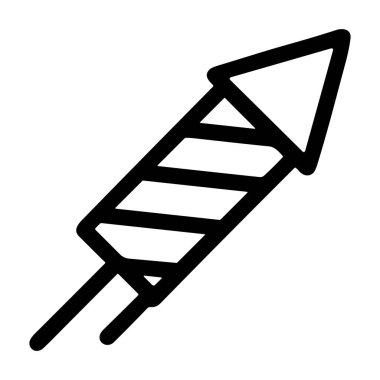 Çizgili gövdeli ve üçgen uçlu minimalist siyah bir havai fişek ikonu. Bu basit grafik sembolü, kutlama ve şenlikleri temsil eden beyaz bir arkaplanda izole edilmiştir..