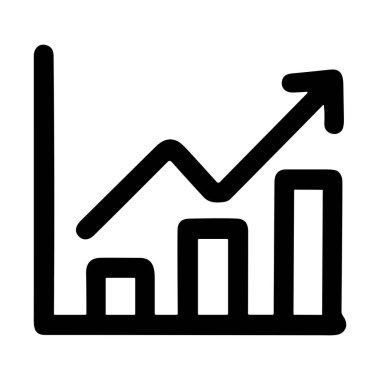 Beyaz arka plandaki finansal büyümeyi, başarıyı ve pozitif veri analizini sembolize eden yükselen bir ok ile bir çubuk grafiğini gösteren minimist siyah beyaz simge.