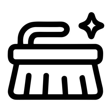 Parıltı efektli fırça tasvir eden minimalist bir siyah taslak ikonu. Bu basit vektör grafiği temizlik, hijyen ve ev işlerini temsil ediyor..