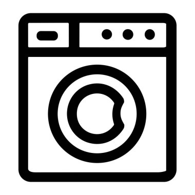 Ön yükleme makinesinin minimalist bir taslak simgesi. Bu basit vektör grafiği, beyaz arka planda izole edilmiş çamaşır, temizlik ve ev aletlerini temsil ediyor..