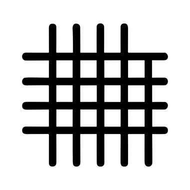 Bir ızgara ya da kafes yapısının minimalist siyah beyaz grafik çizimi. Basit tasarım, sembol ya da tasarım ögesi olarak kullanılacak şekilde simetrik desen oluşturan kalın kesişen çizgiler içerir..