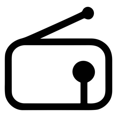 Portatif bir radyonun minimalist siyah taslak ikonu. Bu sembol yayın, müzik, haber ve iletişim teknolojisini temsil ediyor..