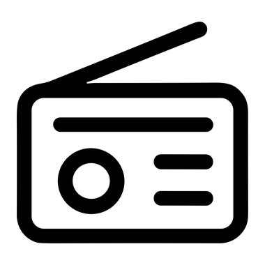 Klasik bir transistör radyosunu temsil eden bir minimalist çizgi sanat ikonu. Bu basit grafik, beyaz bir arka planda izole edilmiş dikdörtgen bir gövde, bir ayarlama kadranı ve genişletilmiş bir anten içerir..