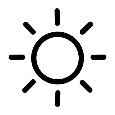 Güneşi ya da parlaklığı temsil eden minimalist bir siyah çizgi sanat ikonu. Tasarım, güneş ışığı veya ısıyı sembolize eden, kısa ve kalın çizgileri olan merkezi bir daireye sahiptir..