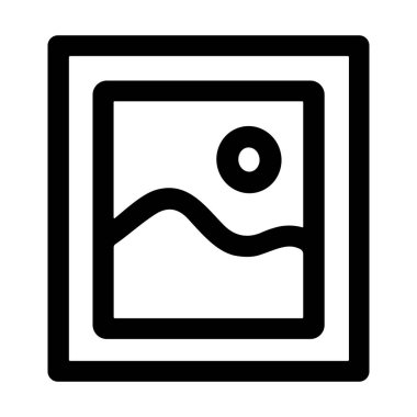 Tepe ve güneşli stilize edilmiş bir manzarayı içeren kare kare resim çerçevesinin basit bir siyah çizgi sanat simgesi. Bu vektör grafiği beyaz bir arkaplanda izole edilmiştir, ağ ve uygulama arayüzleri için uygundur.