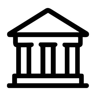 Banka, adliye ya da müzeyi temsil eden sütunları olan klasik bir binanın siyah çizgi simgesi. Beyaz bir arkaplanda izole edilmiş.