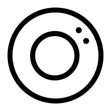 Basit ve temiz bir simit simgesi. Çörek ya da simit. Bu minimalist grafik, beyaz bir arka planda izole edilmiş, bir delik ve iki küçük noktayı temsil eden dairesel bir şekle sahiptir..